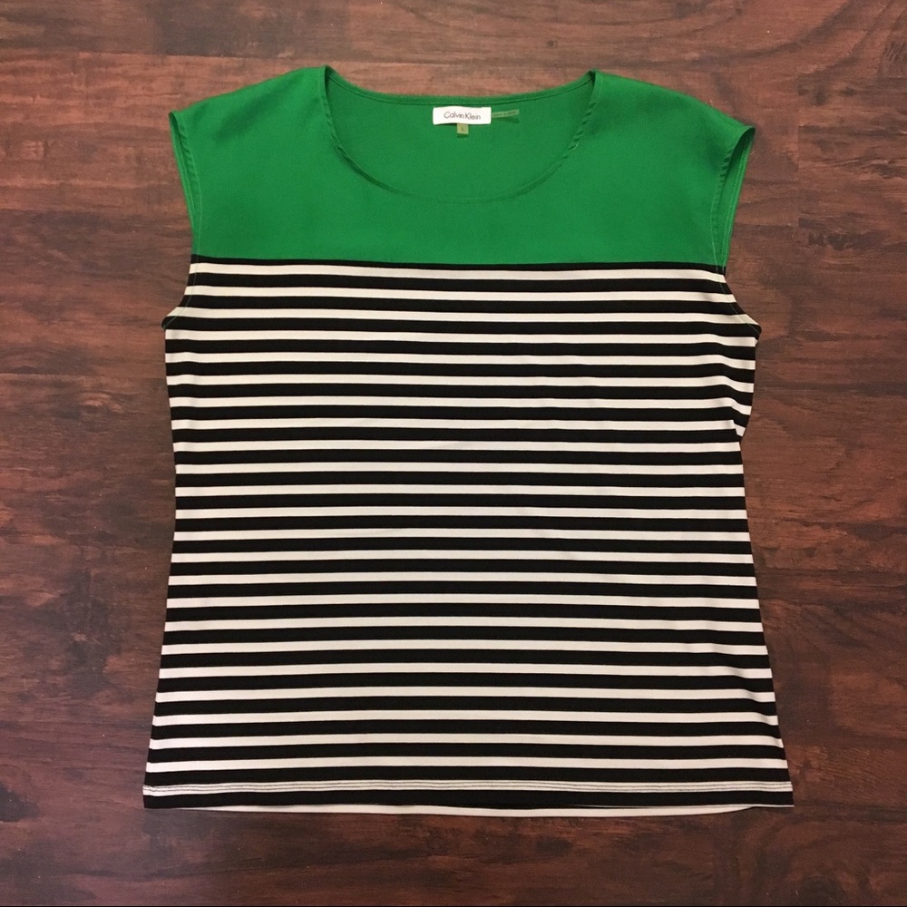 Calvin Klein Cap Sleeve Green Top Black White